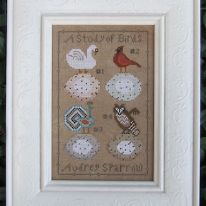 KATHY BARRICK Bird Study getelde kruissteekpatronen op cottageneedle.com zwaan rode kardinaal pauw uil mus