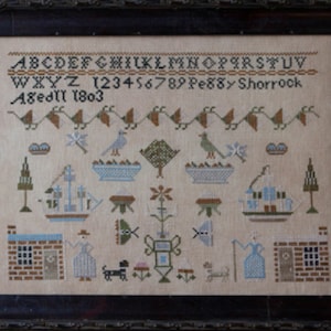 PLUM STREET SAMPLERS Antiques Peggy Shorrock 1803 counted cross stitch patterns reproduction sampler at cottageneedle.com