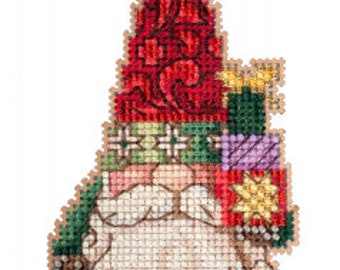 New! MILL HILL 2022nGnome Holding Gifts Kit Includes Perforated Paper Threads Embellishments counted cross stitch patterns by Jim Shore