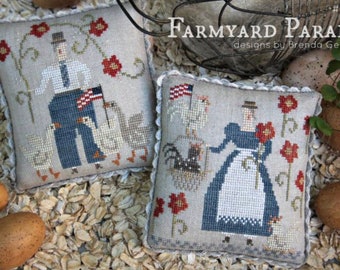 WITH THY NEEDLE Farmyard Parade counted cross stitch patterns at thecottageneedle.com patriotic chickens geese flag