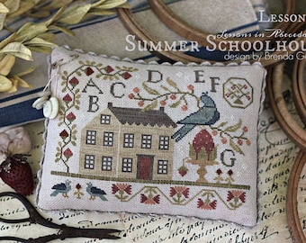 WITH THY NEEDLE Summer Schoolhouse Lessons in Abecedarian #1 #2 #3 #4 counted cross stitch patterns at thecottageneedle.com