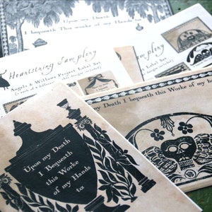 May include: A set of printable labels with a black and white design featuring a skull and wings, a vase, and a floral motif. The labels include the text "Upon my Death I bequeath this Worke of my hands to" and "Heartstring Samplery Angels & Willows Project Label Set".