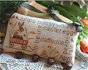 WITH THY NEEDLE April Word Play Optional Rusty Jingle Bells counted cross stitch patterns at thecottageneedle.com Easter Bunny Doorbells
