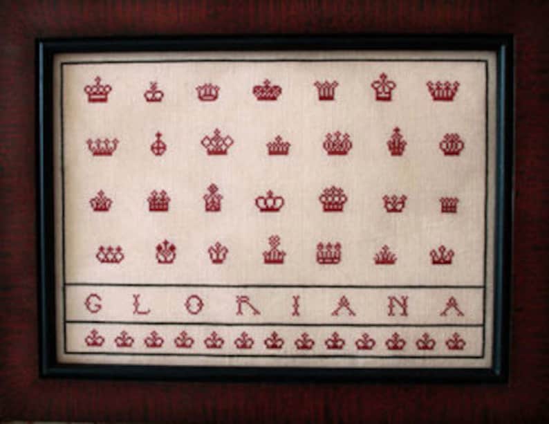 PLUM STREET SAMPLERS The Queen&#39;s Crowns counted cross stitch patterns at thecottageneedle.com Mother&#39;s Day Mom Mum Elizabeth photo