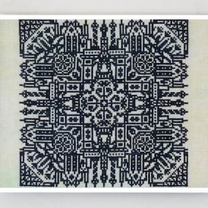 May include: Black and white geometric pattern with a symmetrical design. The pattern is made up of repeating shapes and lines.