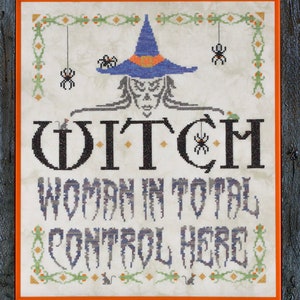 Puede incluir: Una bordado de punto de cruz con una bruja que lleva un sombrero azul y el texto "WITCH WOMAN IN TOTAL CONTROL HERE". El fondo es beige con acentos verdes y naranjas.