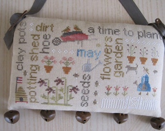 WITH THY NEEDLE May Word Play Optional Rusty Jingle Bells counted cross stitch patterns at thecottageneedle.com Mother's Day Doorbells