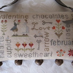 WITH THY NEEDLE February Word Play Optional Rusty Jingle Bells cross stitch patterns at cottageneedle.com Valentine's Day doorbells
