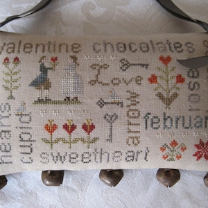 WITH THY NEEDLE February Word Play Optional Rusty Jingle Bells cross stitch patterns at thecottageneedle.com Valentine's Day doorbells image 1