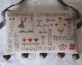 WITH THY NEEDLE February Word Play Optional Rusty Jingle Bells cross stitch patterns at thecottageneedle.com Valentine's Day doorbells