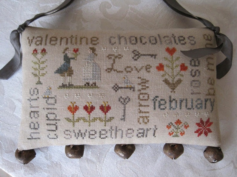 WITH THY NEEDLE February Word Play Optional Rusty Jingle Bells cross stitch patterns at thecottageneedle.com Valentine's Day doorbells image 1