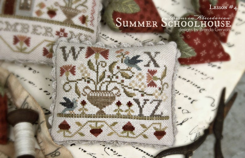 Pick One WITH THY NEEDLE Summer Schoolhouse Lessons in Abecedarian #1 #2 #3 #4 counted cross stitch patterns at thecottageneedle.com photo