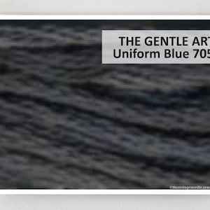 May include: A close-up of a dark blue fabric swatch with the text "THE GENTLE ART Uniform Blue 7055".