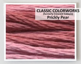 May include: Close-up of a skein of yarn in shades of pink and red. The yarn is labeled "CLASSIC COLORWORKS (formerly Crescent Colours) Prickly Pear".