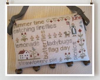 WITH THY NEEDLE June Word Play Optional Rusty Jingle  Bells counted cross stitch patterns at cottageneedle.com summer flag day Doorbells