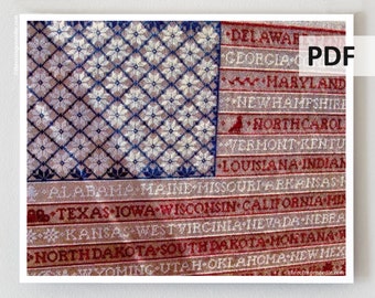 PDF DOWNLOAD One Nation Sampler Larger print and regular print digital cross stitch patterns by Bygone Stitches 4th of July patriotic USA