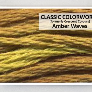 May include: Close-up of a skein of yarn in shades of brown and yellow. The yarn is called "Amber Waves" and is a Classic Colorworks brand, formerly known as Crescent Colours.