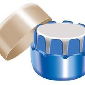 May include: A blue and white bottle stopper with a unique design, next to a detached tan cap. The stopper has a round, white top and a blue, ridged base. The cap is a curved, tan color.