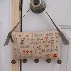 WITH THY NEEDLE February Word Play Optional Rusty Jingle Bells cross stitch patterns at thecottageneedle.com Valentine's Day doorbells image 2