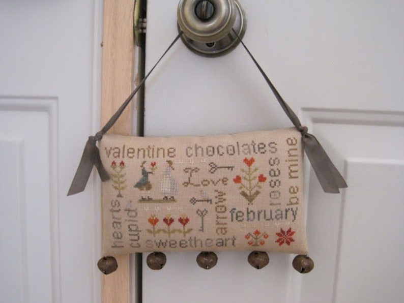 WITH THY NEEDLE February Word Play Optional Rusty Jingle Bells cross stitch patterns at thecottageneedle.com Valentine's Day doorbells image 2