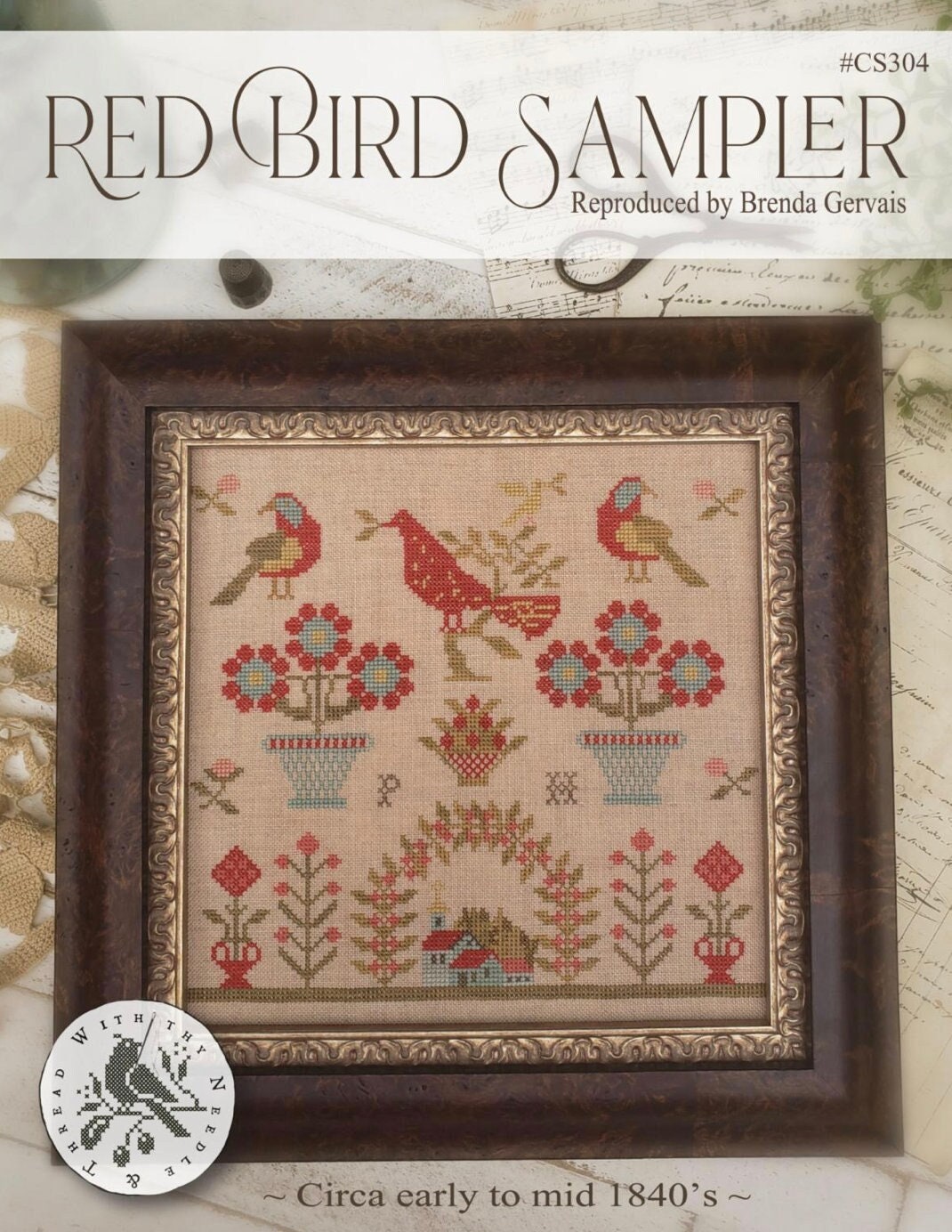 WITH THY NEEDLE Red Bird Sampler counted cross stitch patterns at thecottageneedle.com