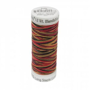 May include: A spool of Sulky 12 wt. Blendables thread. The thread is a mix of red, gold, and black. The spool has a white top and bottom with text that includes the brand name and thread weight. The thread is made of 100% long staple cotton.