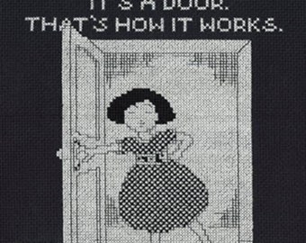 New! MARY ENGELBREIT Shuts A Door counted cross stitch patterns by Imaginating at thecottageneedle.com