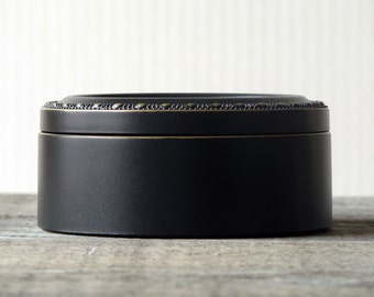 Black Round Needlework Box lined in black velveteen Vintage Black finish at thecottageneedle.com Mother's Day Mom Jewelry Box