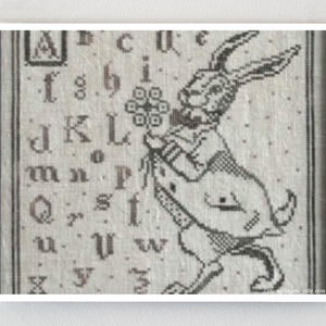 LA D DA Spring Hare Easter counted cross stitch patterns at cottageneedle.com sampler ABC alphabet bunny March April monochromatic