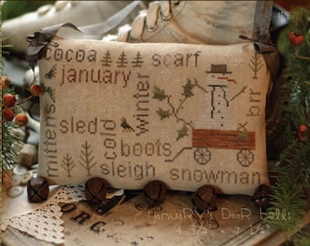 WITH THY NEEDLE January Word Play Optional Rusty Jingle Bells counted cross stitch patterns at thecottageneedle.com New Year's Day doorbells