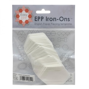 May include: A pack of 100 white 1-inch hexagon EPP Iron-Ons for English Paper Piecing. The pack has a clear front and a white back with the Easy EPP logo and the text "EPP Iron-Ons" in black.