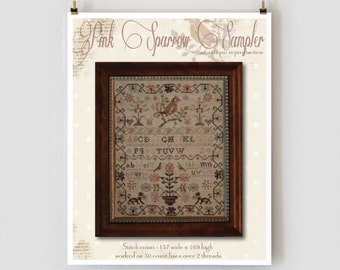 WITH THY NEEDLE Pink Sparrow Sampler Optional 11 skeins floss counted cross stitch patterns at thecottageneedle.com reproduction sampler