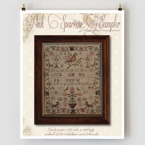 WITH THY NEEDLE Pink Sparrow Sampler Optional 11 skeins floss counted cross stitch patterns at thecottageneedle.com reproduction sampler