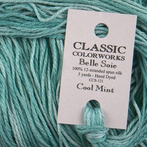 May include: A skein of Cool Mint-colored Belle Soie spun silk thread. The label reads "CLASSIC COLORWORKS Belle Soie 100% 12-stranded spun silk 5 yards - Hand Dyed CCS-121 Cool Mint."