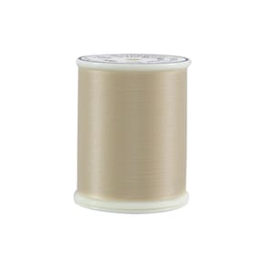 May include: A spool of beige thread, ideal for sewing and crafting projects. The thread is tightly wound on a white plastic spool. The spool has a white label on top with text.