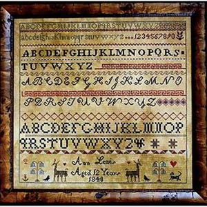 May include: A framed sampler with cross-stitched lettering and decorative borders. The sampler features the alphabet, numbers, and the name "Ann Lewis, Aged 12 Years, 1840." The color palette includes beige, brown, and red.