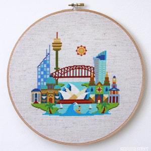 SATSUMA STREET Pretty Little Sydney counted cross stitch patterns at cottageneedle.com Jody Rice Australia Opera House surf