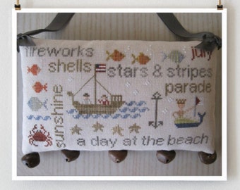 WITH THY NEEDLE July Word Play Optional Rusty Jingle Bells counted cross stitch patterns at cottageneedle.com summer doorbells