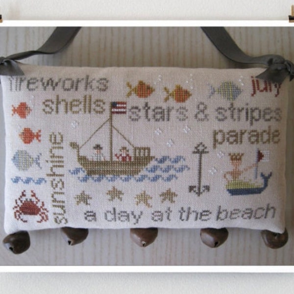 WITH THY NEEDLE July Word Play Optional Rusty Jingle Bells counted cross stitch patterns at thecottageneedle.com summer doorbells