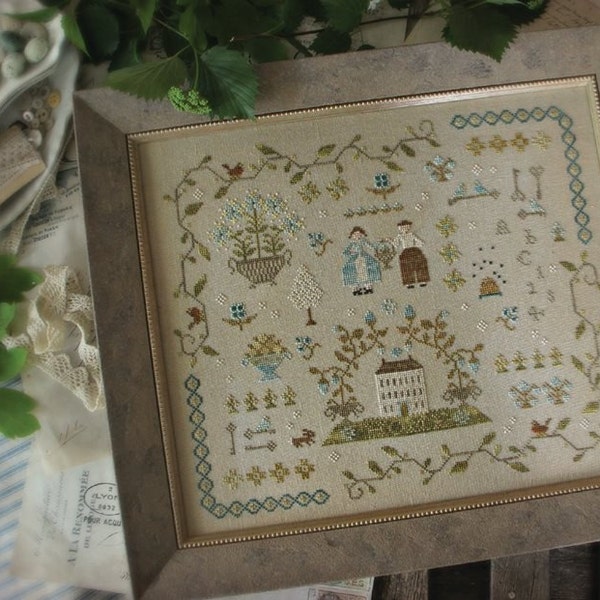 WITH THY NEEDLE Heart of the Home Sampler counted cross stitch patterns at thecottageneedle.com prim