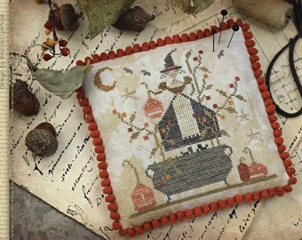 WITH THY NEEDLE Witches Night Out counted cross stitch pattern at thecottageneedle.com Autumn prim holidays Halloween