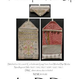 May include: A white and pink needlepoint flowerpot roll-up with the text "Flowerpot Roll-Up" and "La-D-Da". The roll-up is stitched on 12 count "Confederate Gray" linen from Weeks Dye Works. The roll-up is closed and open, showing the inside with a pink lining and a white lining.