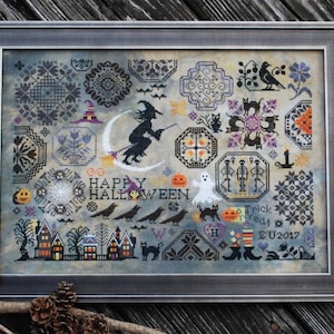LILA&#39;S STUDIO Halloween Quaker counted cross stitch patterns at cottageneedle.com witch ghost black cat