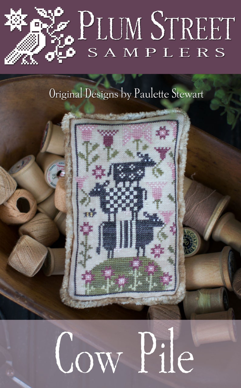 PLUM STREET SAMPLERS Cow Pile counted cross stitch patterns at thecottageneedle.com barnyard farmhouse ranch bovine image 1