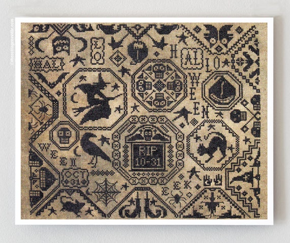 Counted Cross Stitch Pattern Thine Is The Trick And The Treat Prairie Moon Halloween Witch Black Cat October Spider Crow Skull Embroidery