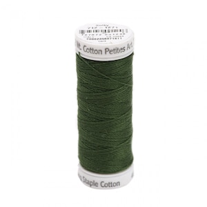May include: A spool of Sulky 12 wt. Cotton Petites Art thread in a deep forest green color. The spool has a white top and bottom with product information printed on it. The thread is tightly wound around the spool.
