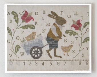 WITH THY NEEDLE Peter and Peep counted cross stitch pattern at thecottageneedle.com Easter sampler prim bunny rabbit hare