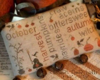 WITH THY NEEDLE October Word Play Optional Bells counted cross stitch patterns at thecottageneedle.com pumpkins hayrides Doorbells