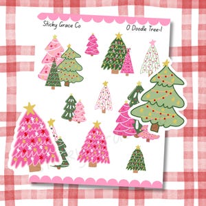 May include: A sheet of stickers featuring various Christmas tree designs in pink, green, and white, adorned with stars and ornaments. The sheet has the text "Sticky Grace Co" and "O Doodle Tree-l". The background is a red and white plaid pattern.