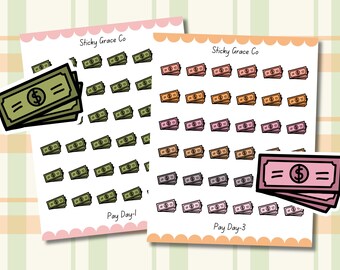 May include: Two sheets of stickers featuring money designs. One sheet has green banknotes and the text "Pay Day-1". The other sheet has pink, orange, and purple banknotes and the text "Pay Day-3". The stickers are from "Sticky Grace Co".